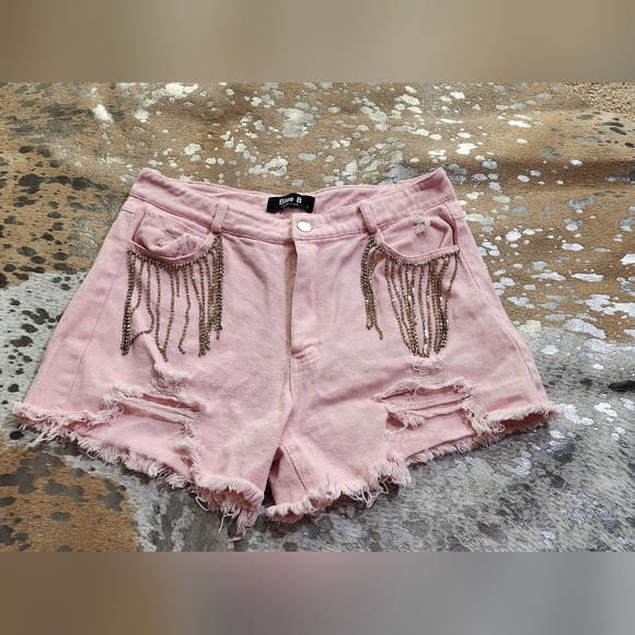 blue b Pants - Pink Distressed Women Shorts with Gemstone Tassle Detail